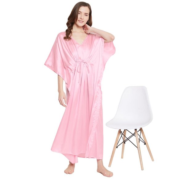 Women's Pink Satin Night Dress Kimono Kaftan Solid Caftan Cover up Maxi Dresses - Picture 5 of 10